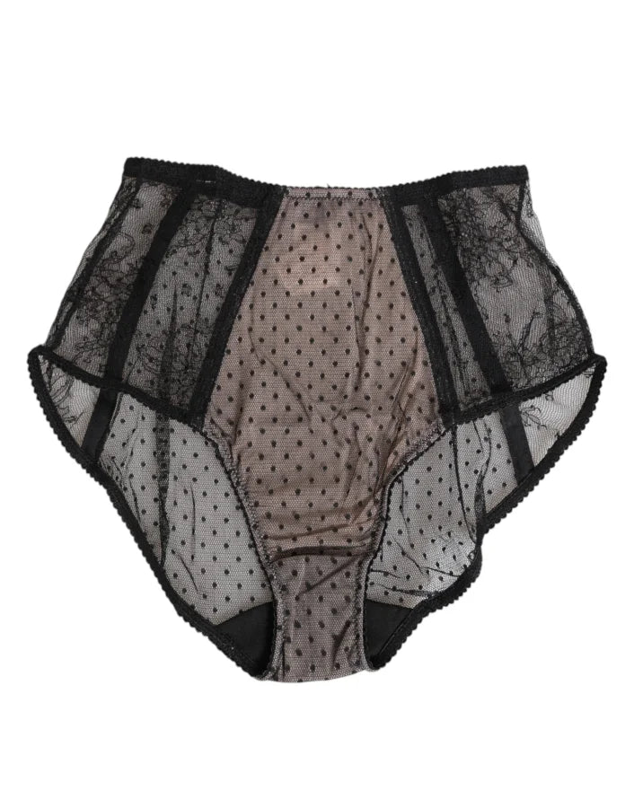 Dolce &amp; Gabbana Black Sheer Polka Dot Lace High Waist Underwear