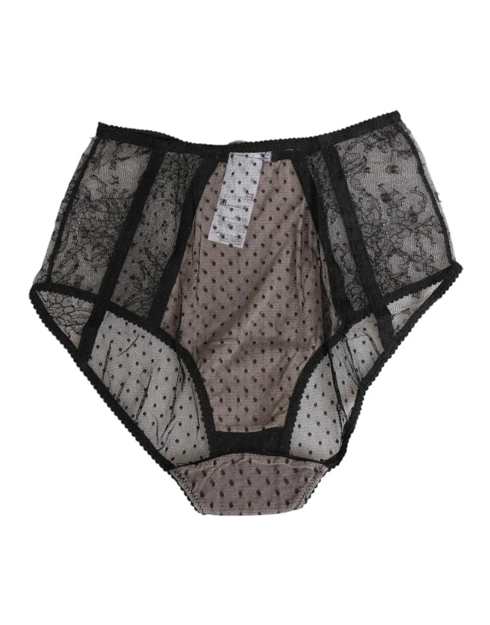 Dolce &amp; Gabbana Black Sheer Polka Dot Lace High Waist Underwear