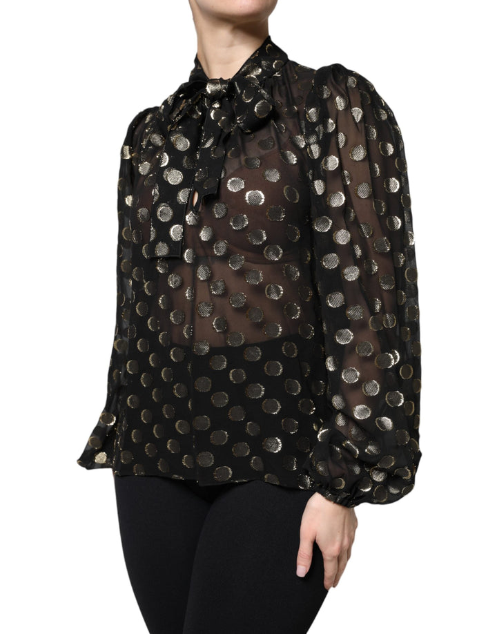 Dolce &amp; Gabbana Blouses - Women’s Black Sheer Tied Neck Polka Dots Blouse Top