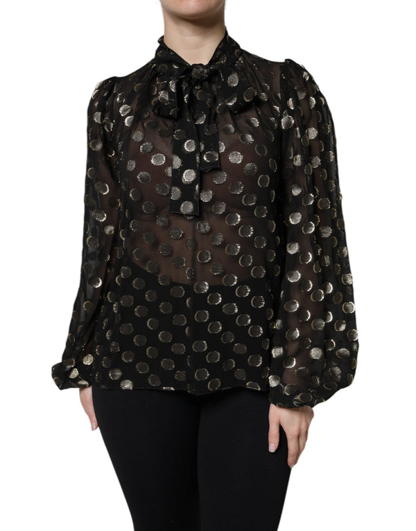 Dolce & Gabbana Blouses - Women’s Black Sheer Tied Neck Polka Dots Blouse Top