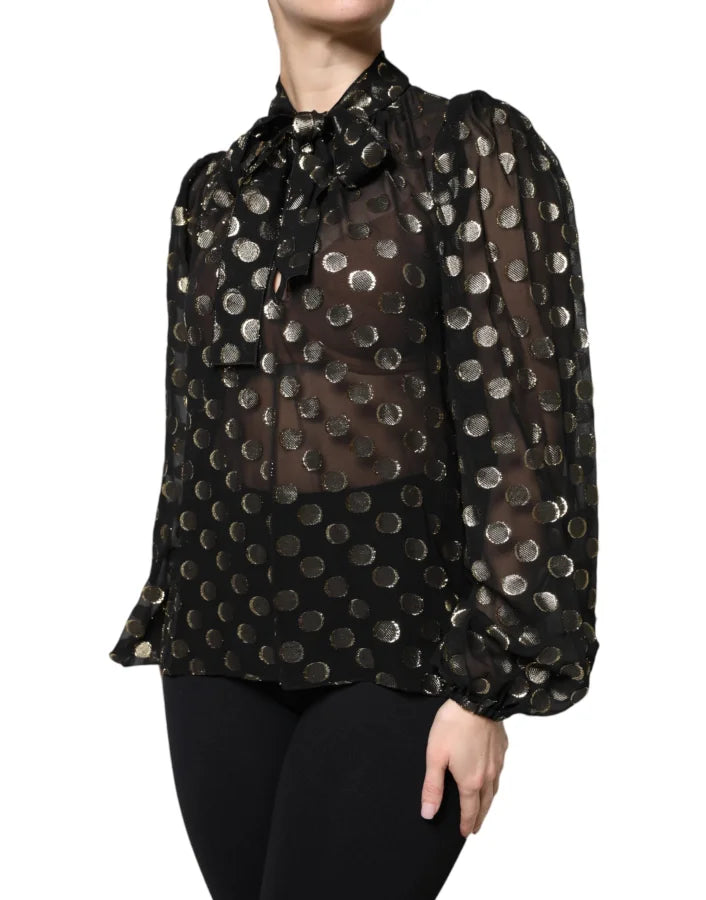 Dolce &amp; Gabbana Black Sheer Tied Neck Polka Dots Blouse Top