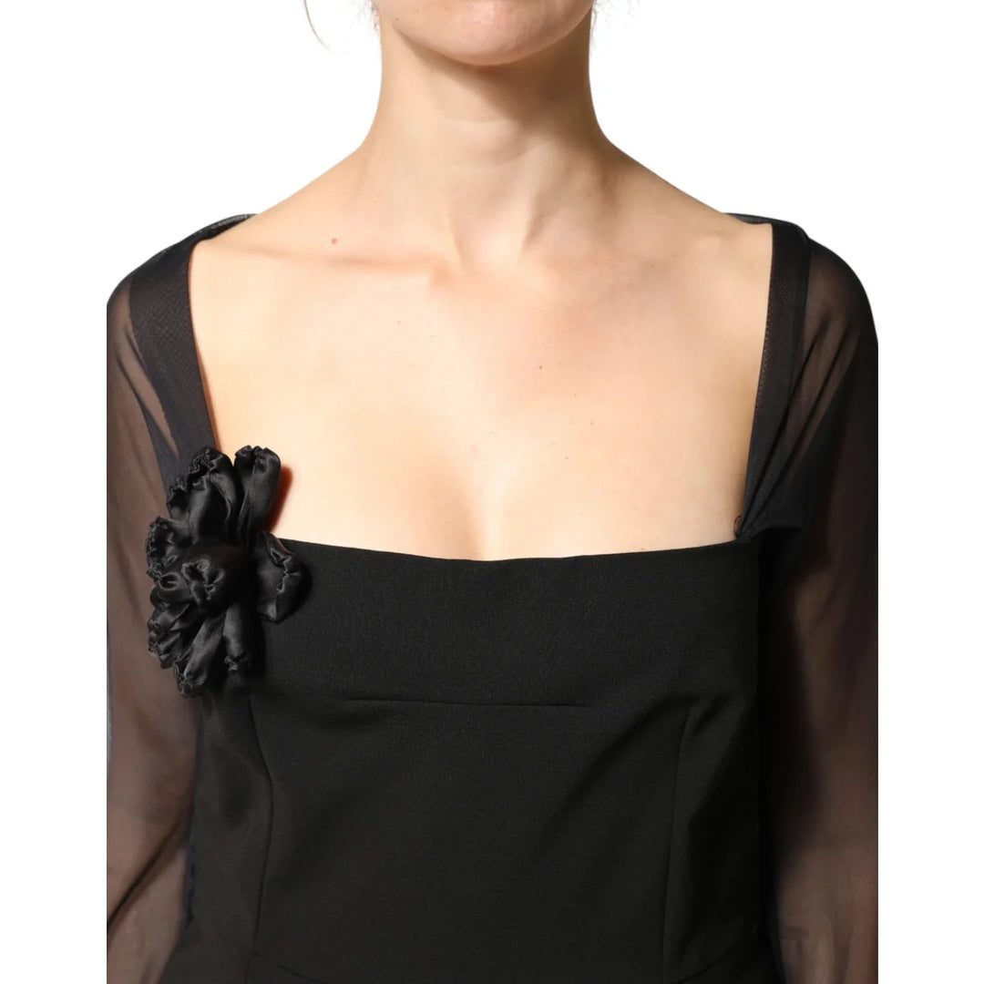 Dolce &amp; Gabbana Black Sheer Yoke Rosette Sheath Midi Dress