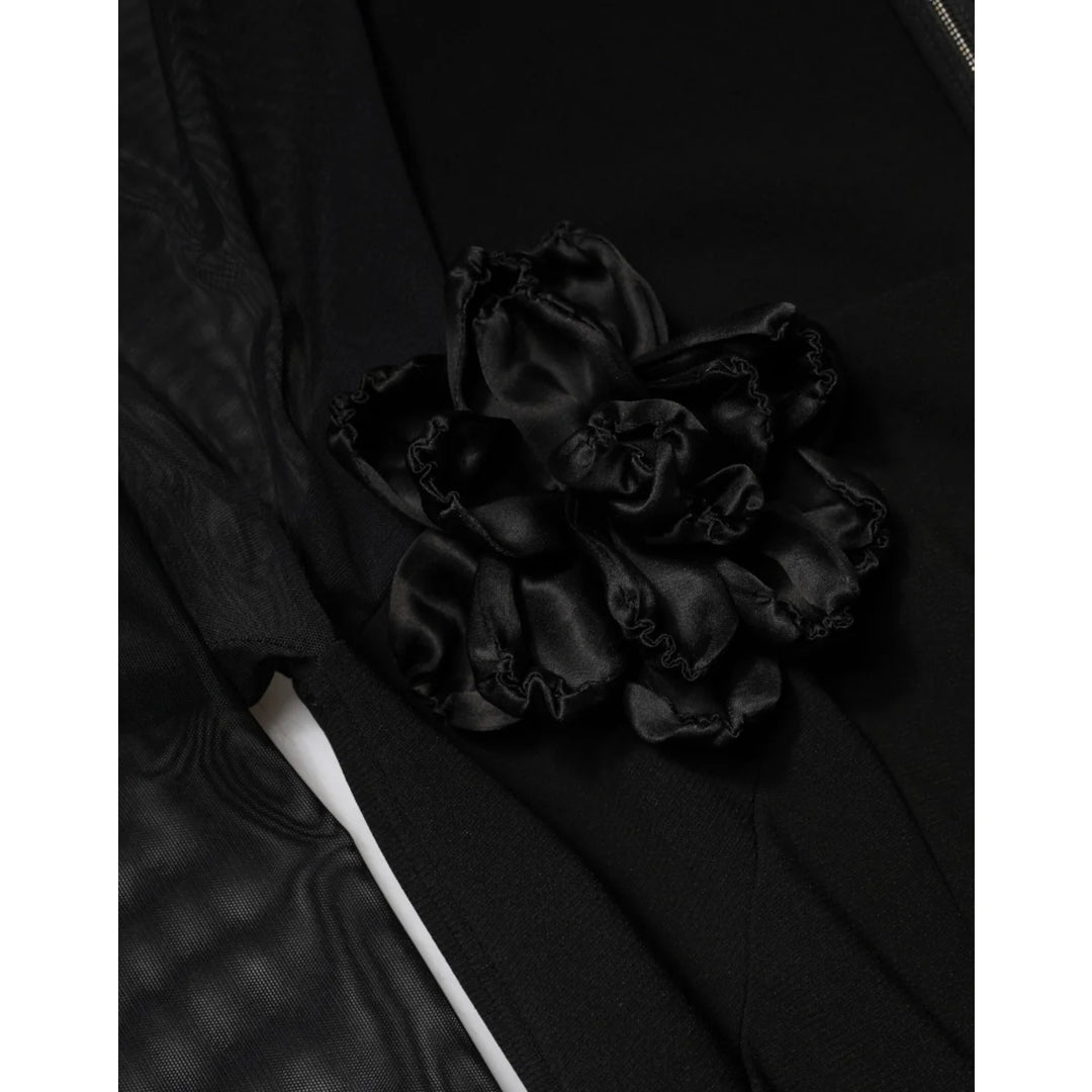 Dolce &amp; Gabbana Black Sheer Yoke Rosette Sheath Midi Dress