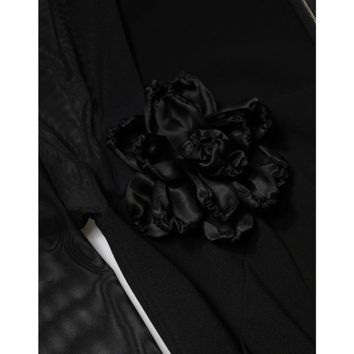 Dolce &amp; Gabbana Black Sheer Yoke Rosette Sheath Midi Dress