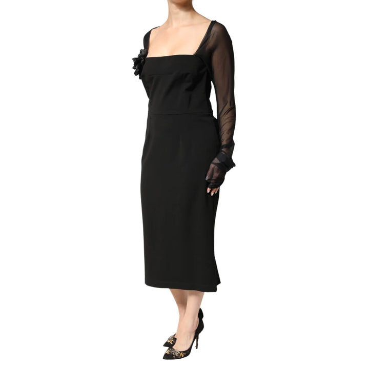Dolce &amp; Gabbana Black Sheer Yoke Rosette Sheath Midi Dress