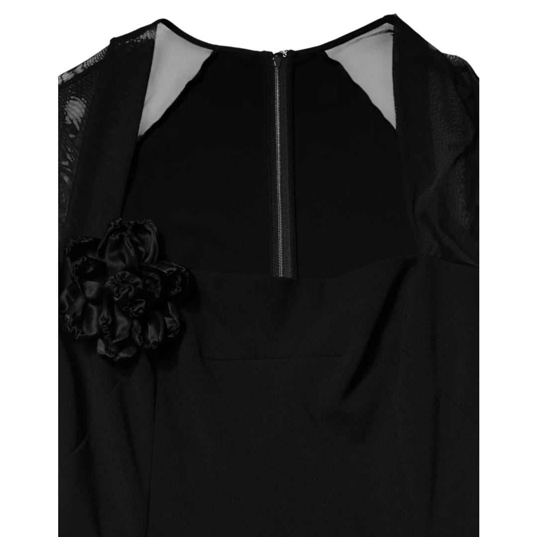 Dolce &amp; Gabbana Black Sheer Yoke Rosette Sheath Midi Dress