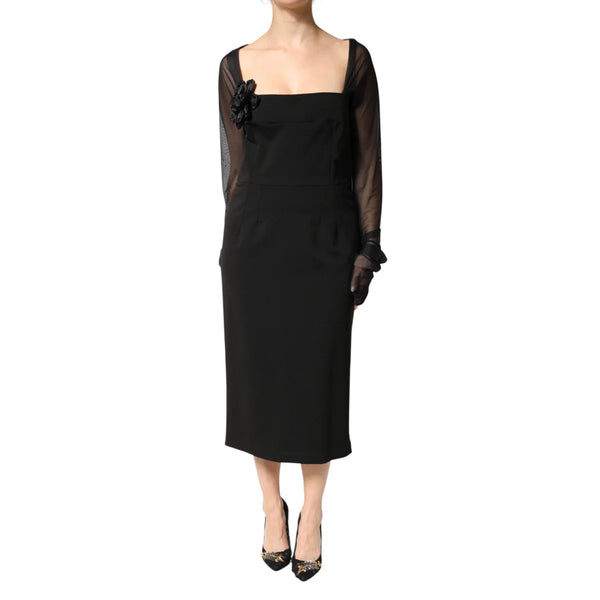 Dolce & Gabbana Black Sheer Yoke Rosette Sheath Midi Dress