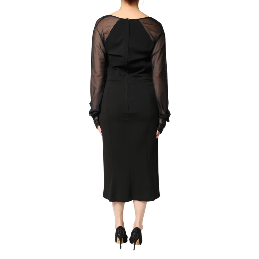 Dolce &amp; Gabbana Black Sheer Yoke Rosette Sheath Midi Dress