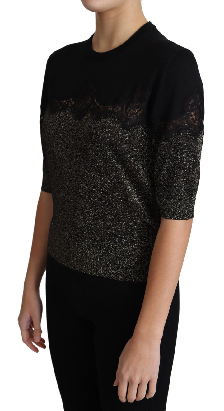 Dolce &amp; Gabbana - Black Shiny Lurex Lace Insert Pullover Top