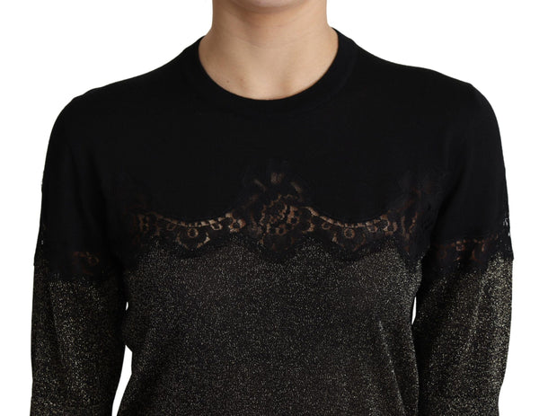 Dolce & Gabbana - Black Shiny Lurex Lace Insert Pullover Top