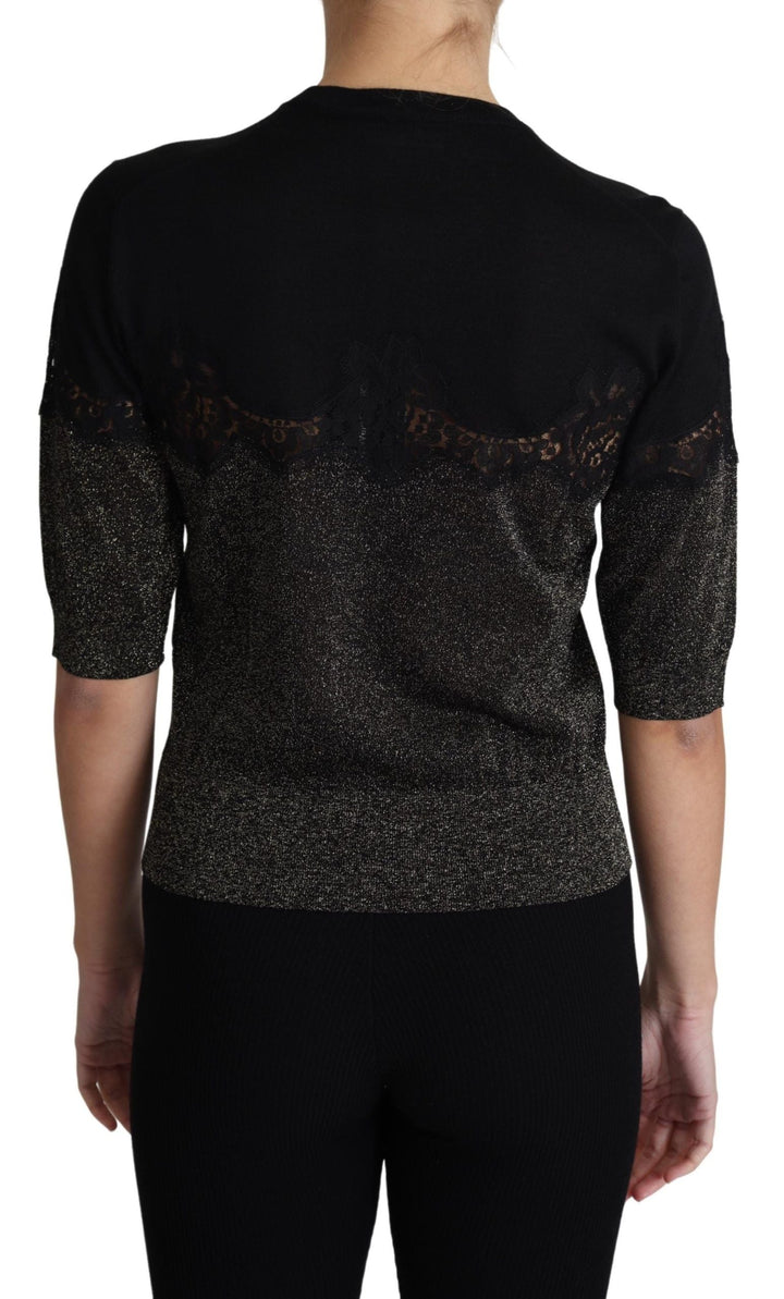 Dolce &amp; Gabbana - Black Shiny Lurex Lace Insert Pullover Top