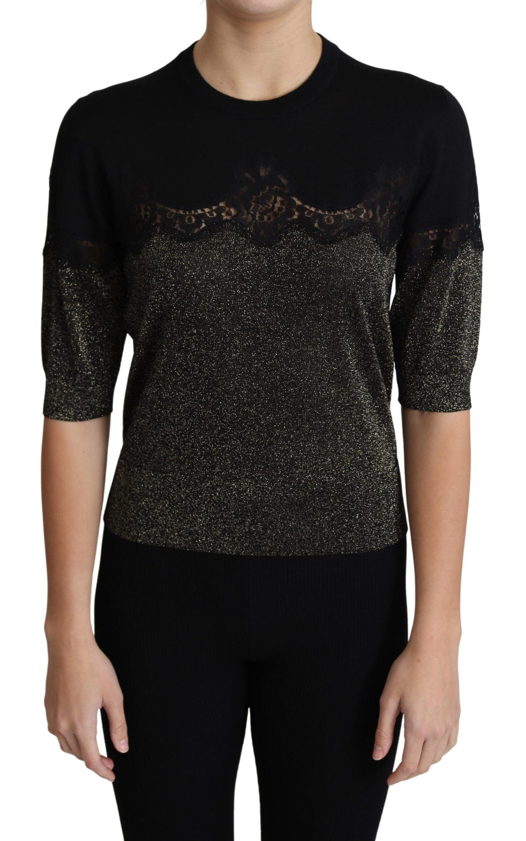Dolce &amp; Gabbana - Black Shiny Lurex Lace Insert Pullover Top