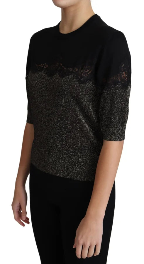 Dolce &amp; Gabbana Black Shiny Lurex Lace Insert Pullover Top