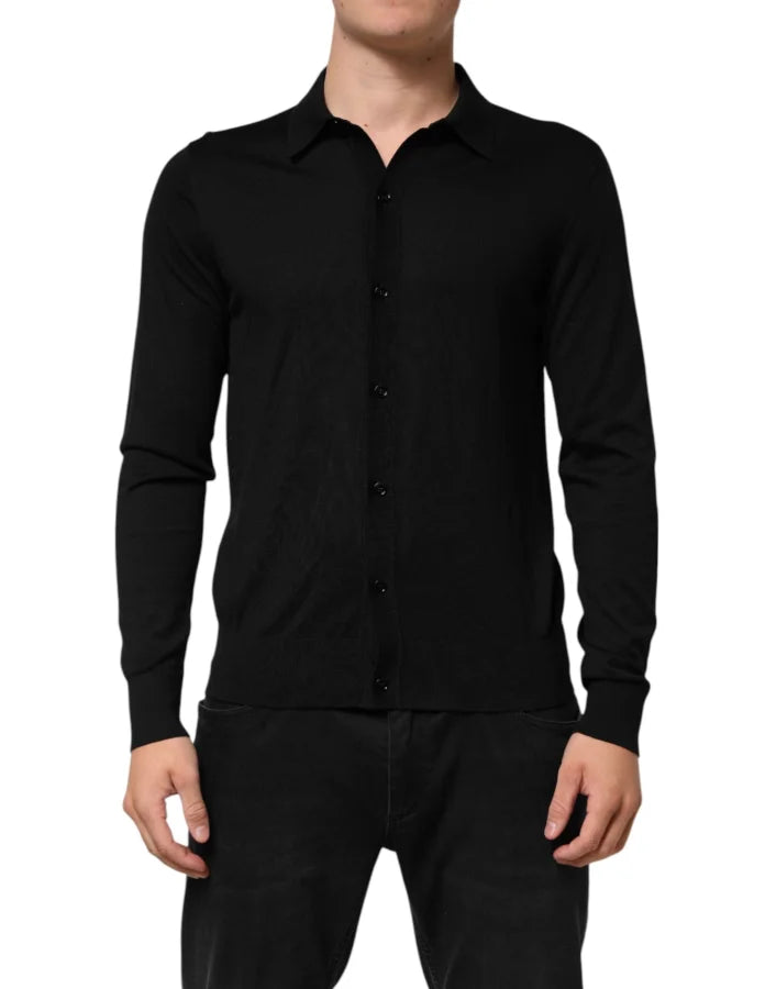 Dolce &amp; Gabbana Black Silk Button Up Lightweight Sweater
