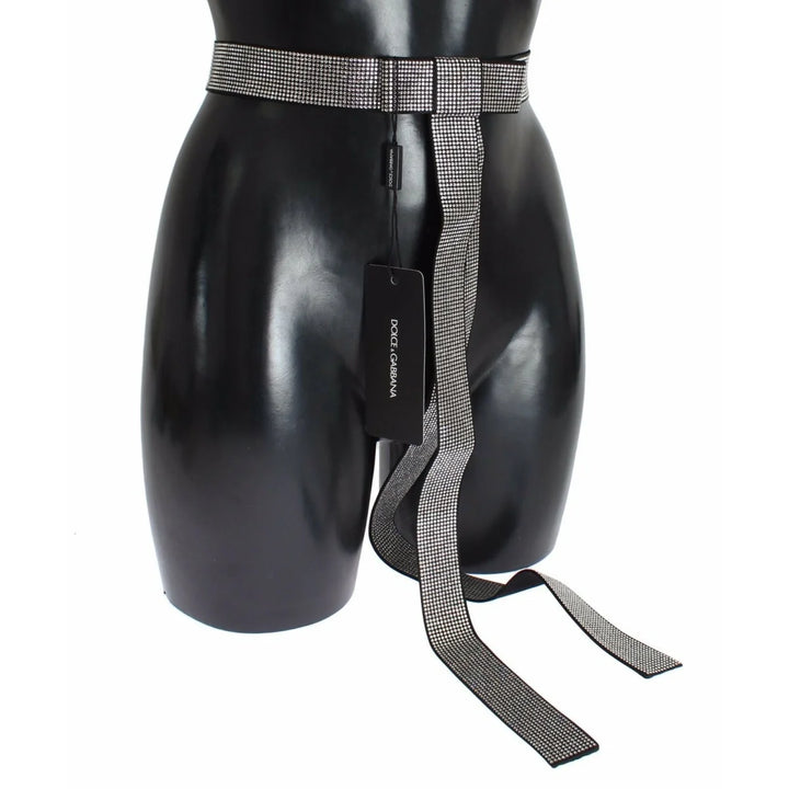Dolce & Gabbana Black Silk Clear Crystal Bow Waist Belt