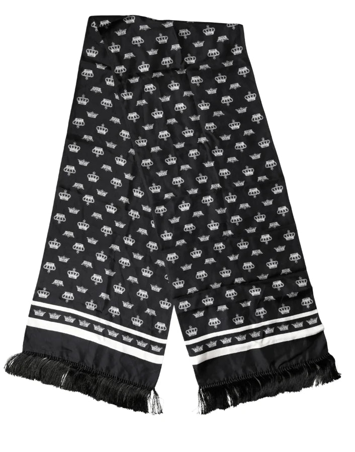Dolce & Gabbana Black Silk Crown Fringe Neck Wrap 173cm x 32.5cm Scarf