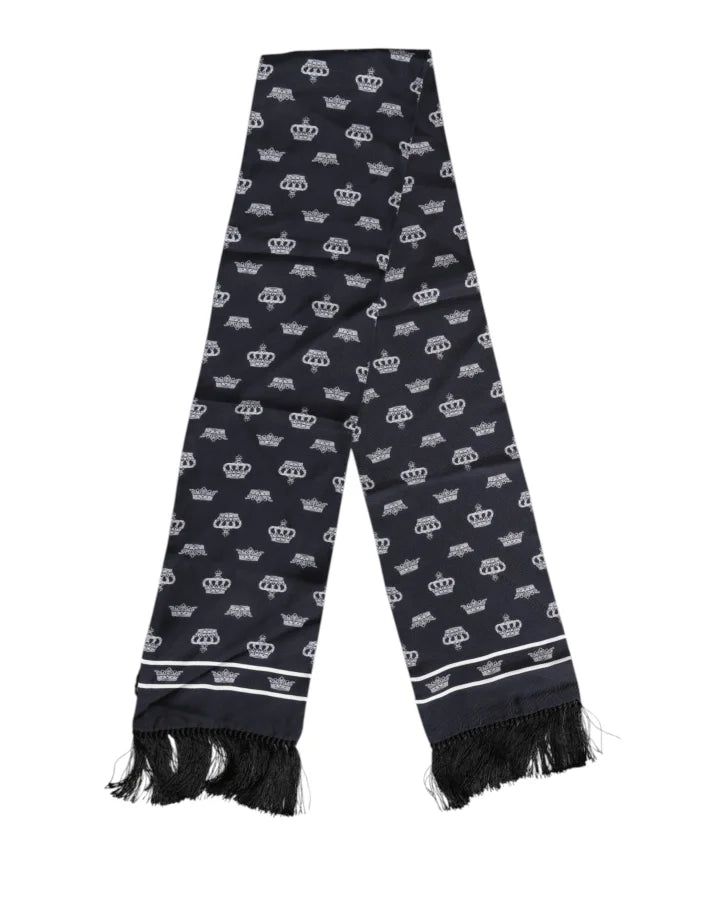 Dolce &amp; Gabbana Black Silk Crown Fringes Men Foulard Scarf