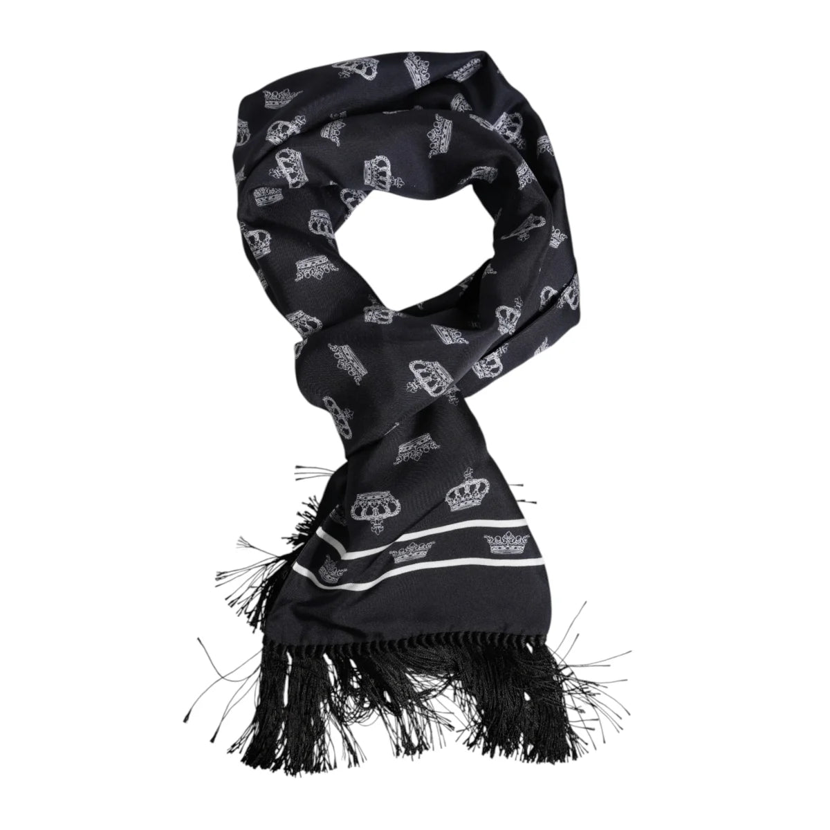 Dolce & Gabbana Black Silk Crown Fringes Men Foulard Scarf