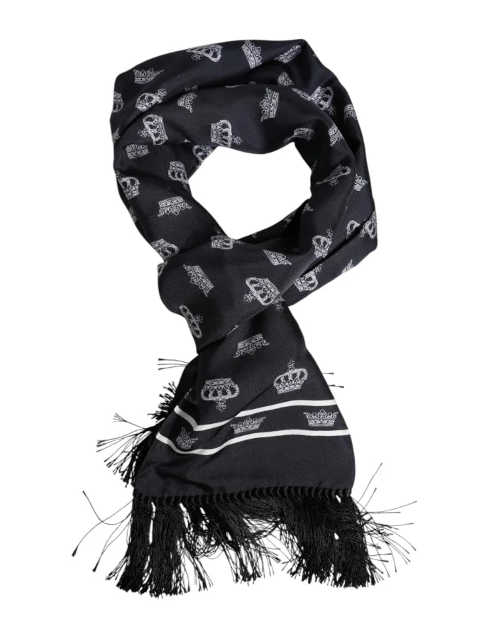 Dolce &amp; Gabbana Black Silk Crown Fringes Men Foulard Scarf