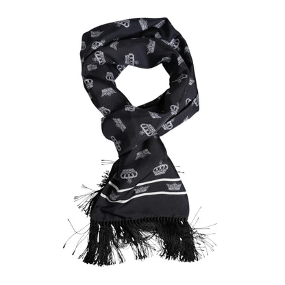 Dolce & Gabbana Black Silk Crown Fringes Men Foulard Scarf