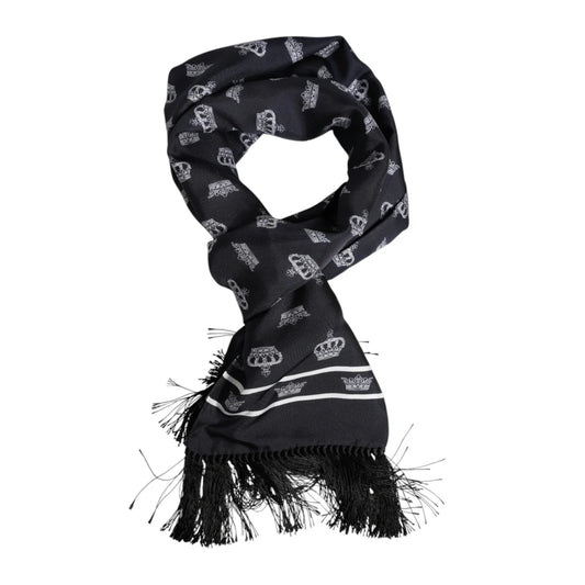 Dolce & Gabbana Black Silk Crown Fringes Men Foulard Scarf