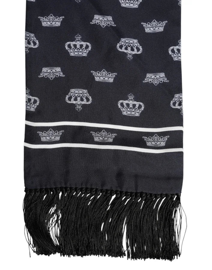 Dolce &amp; Gabbana Black Silk Crown Fringes Men Foulard Scarf