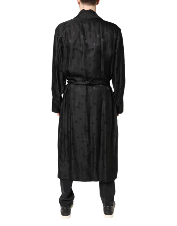 Dolce &amp; Gabbana Black Silk DG Logo Men Wrap Robe Coat Jacket