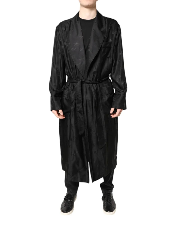 Dolce &amp; Gabbana Black Silk DG Logo Men Wrap Robe Coat Jacket