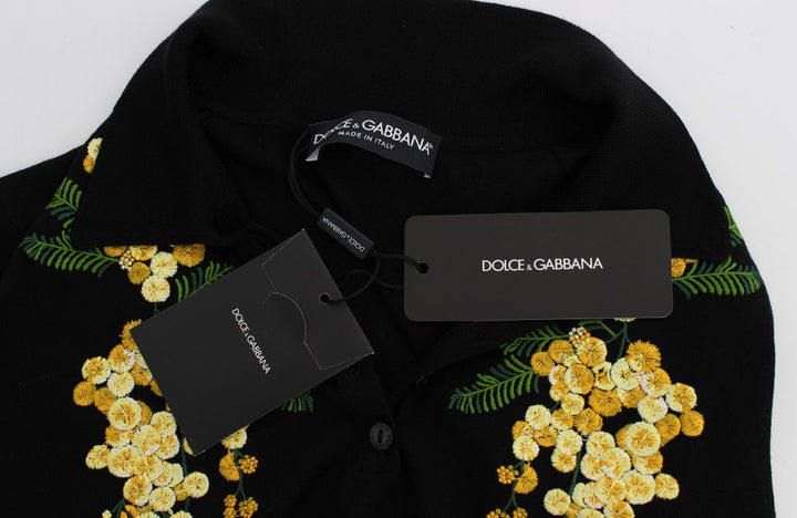 Dolce &amp; Gabbana - Black Silk Floral Embroidered Polo Top