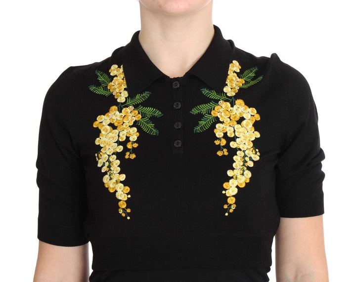 Dolce &amp; Gabbana - Black Silk Floral Embroidered Polo Top