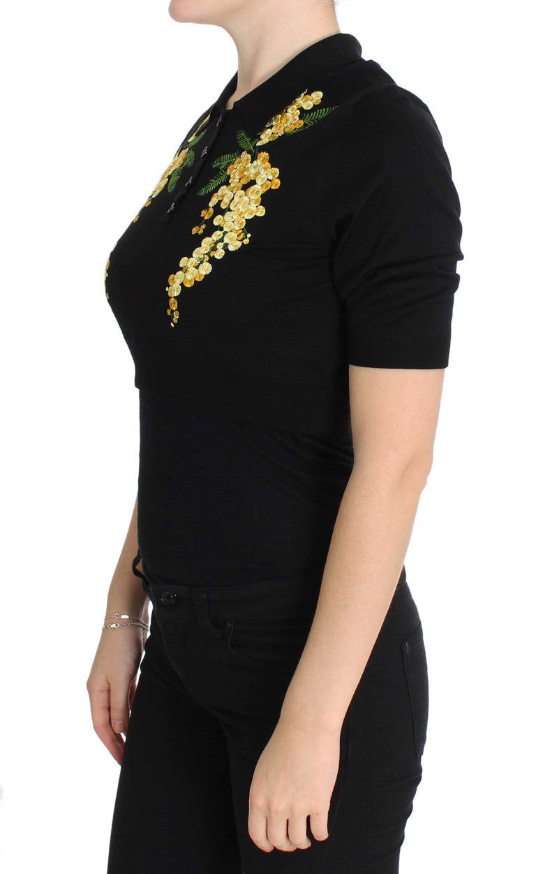 Dolce &amp; Gabbana - Black Silk Floral Embroidered Polo Top