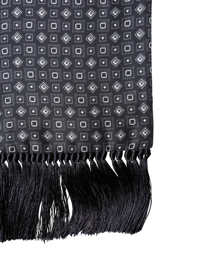 Dolce &amp; Gabbana Black Silk Geometric Fringe Wrap Foulard 136cm X 15cm Scarf