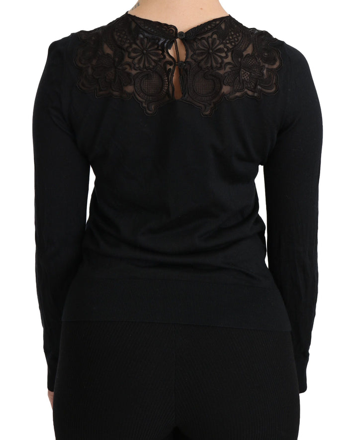 Dolce &amp; Gabbana - Black Silk Lace Crew Neck Long Sleeve Blouse