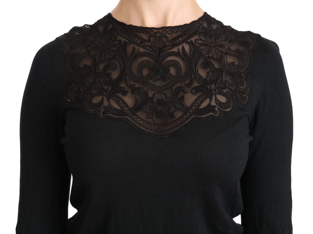 Dolce &amp; Gabbana - Black Silk Lace Crew Neck Long Sleeve Blouse