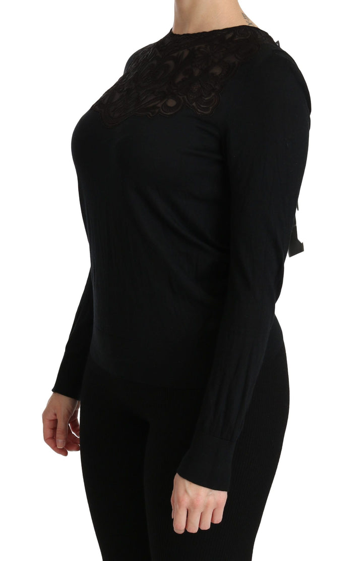 Dolce &amp; Gabbana - Black Silk Lace Crew Neck Long Sleeve Blouse