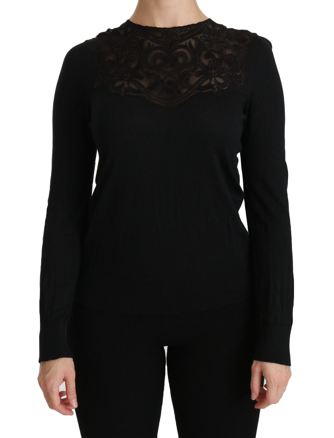 Dolce &amp; Gabbana - Black Silk Lace Crew Neck Long Sleeve Blouse