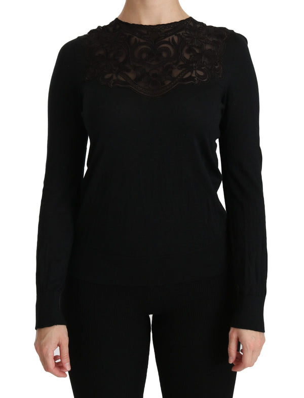 Dolce & Gabbana - Black Silk Lace Crew Neck Long Sleeve Blouse