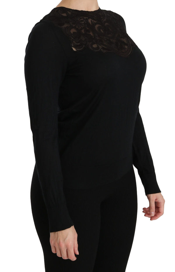 Dolce & Gabbana - Black Silk Lace Crew Neck Long Sleeve Blouse