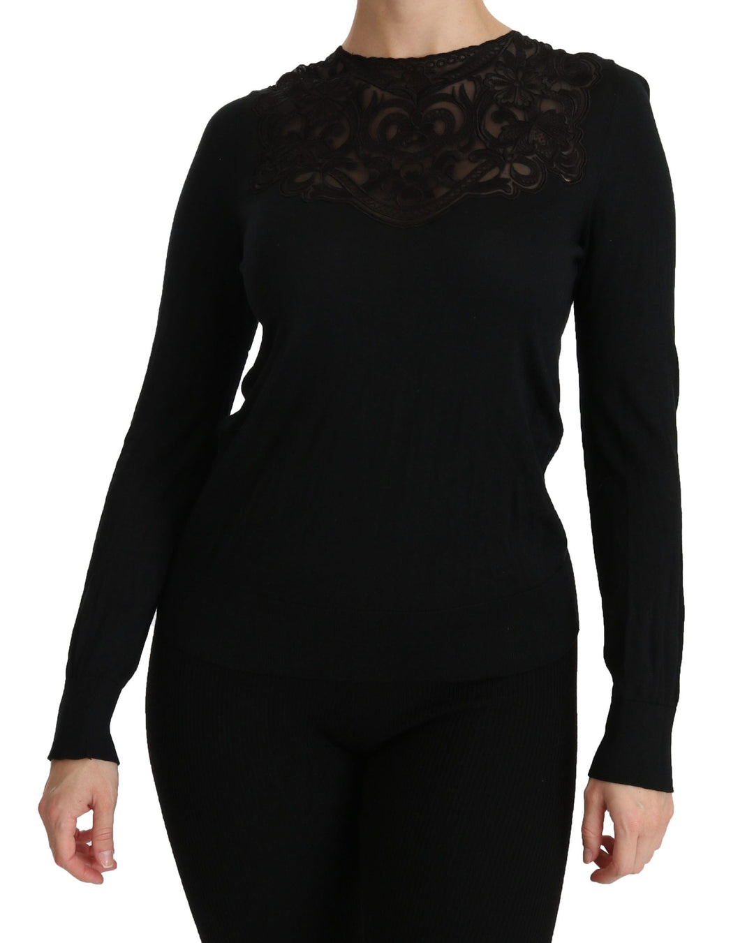 Dolce &amp; Gabbana - Black Silk Lace Crew Neck Long Sleeve Blouse