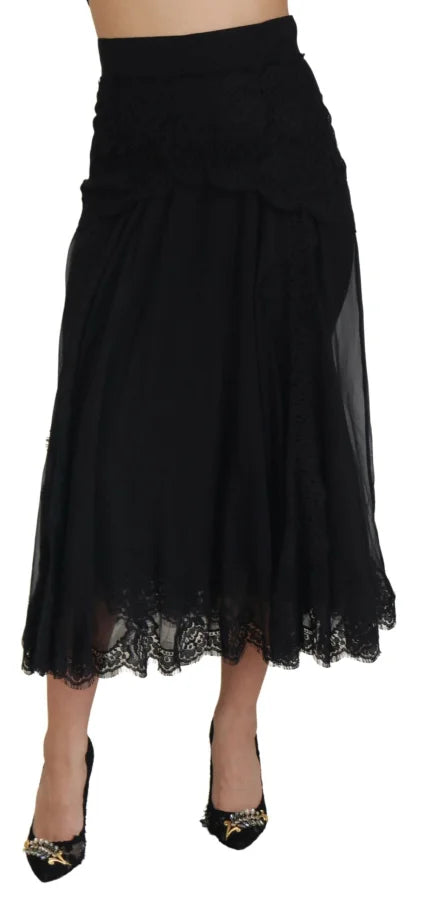 Dolce &amp; Gabbana Black Silk Lace Trim High Waist Midi Skirt