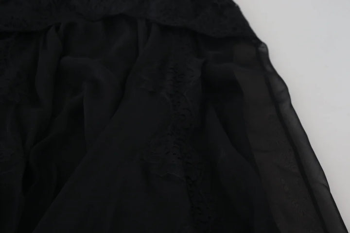 Dolce &amp; Gabbana Black Silk Lace Trim High Waist Midi Skirt