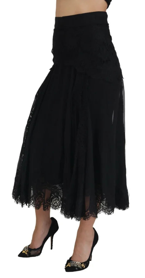 Dolce &amp; Gabbana Black Silk Lace Trim High Waist Midi Skirt