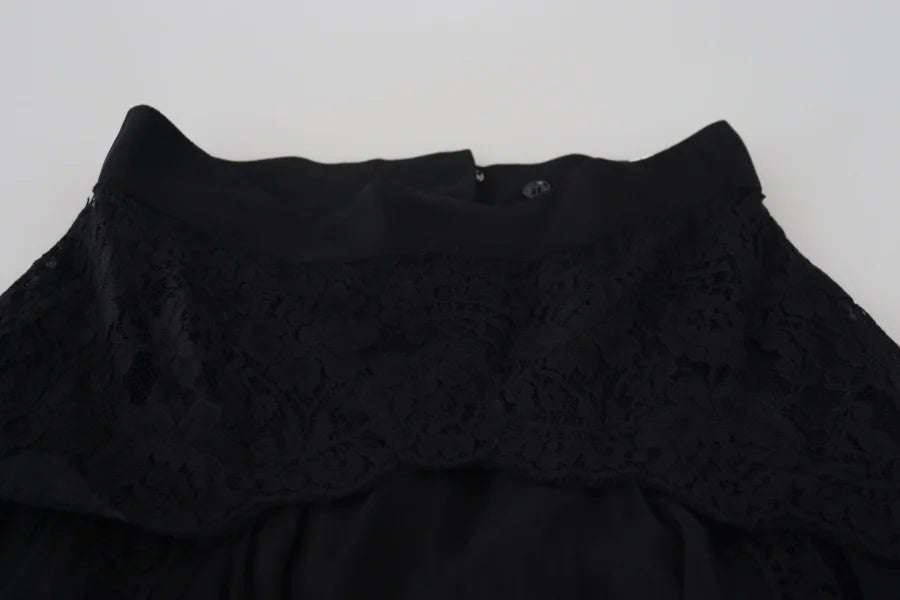 Dolce &amp; Gabbana Black Silk Lace Trim High Waist Midi Skirt