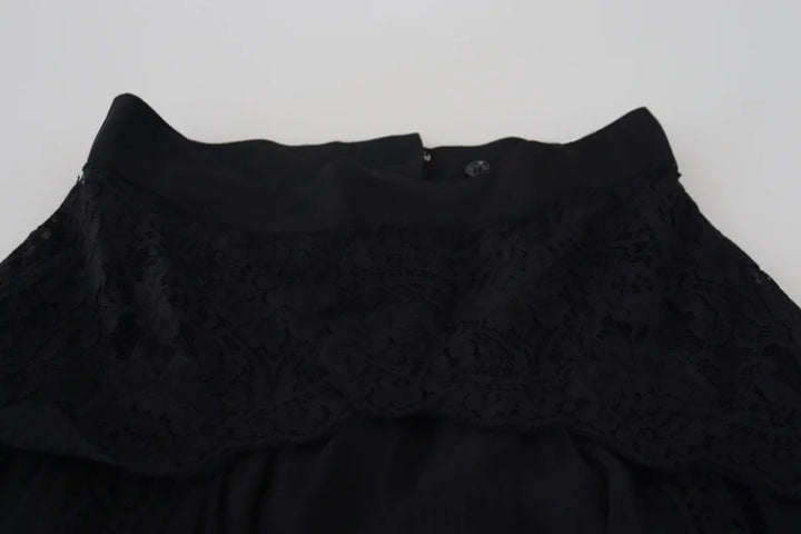 Dolce &amp; Gabbana Black Silk Lace Trim High Waist Midi Skirt