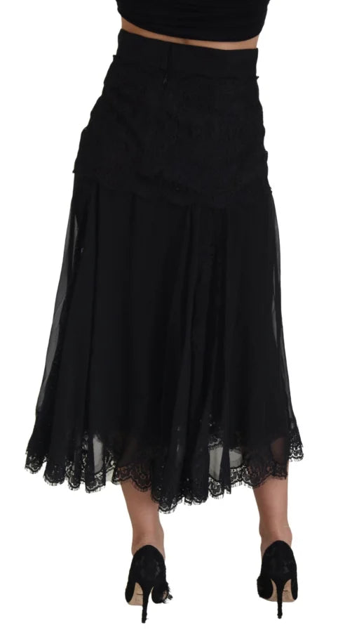 Dolce &amp; Gabbana Black Silk Lace Trim High Waist Midi Skirt
