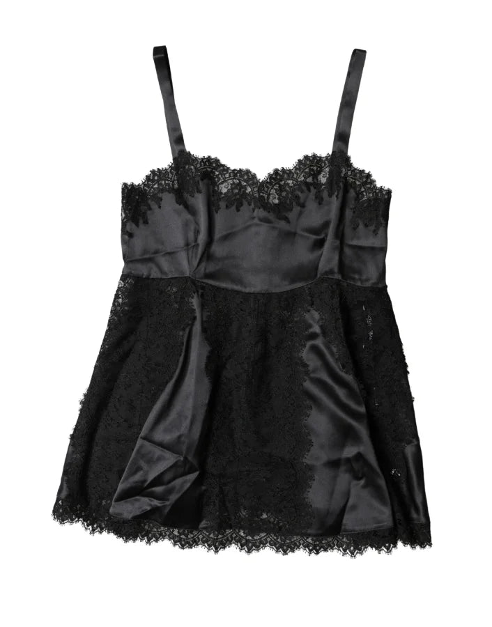 Dolce &amp; Gabbana Black Silk Lace Trim Lingerie Top Underwear