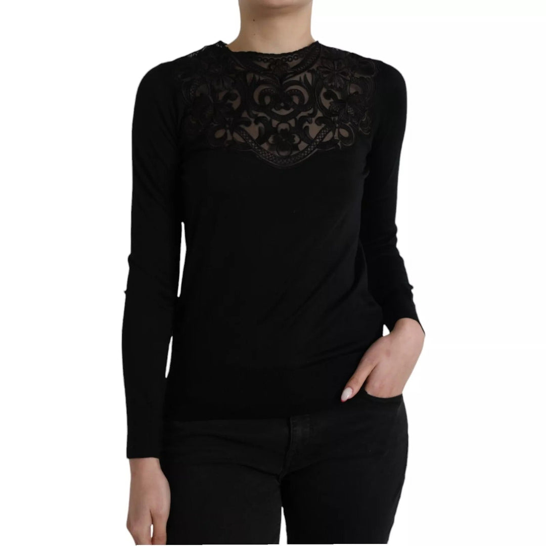 Dolce &amp; Gabbana - Black Silk Lace Trim Long Sleeves Blouse Top