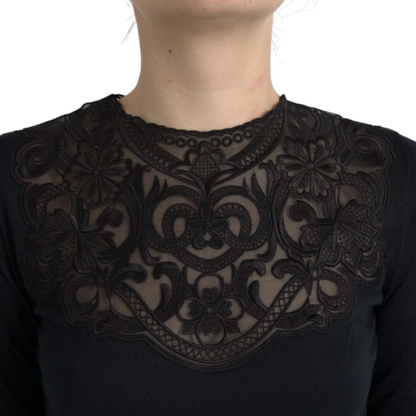 Dolce & Gabbana - Black Silk Lace Trim Long Sleeves Blouse Top