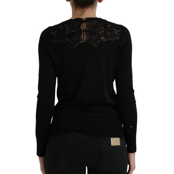 Dolce & Gabbana - Black Silk Lace Trim Long Sleeves Blouse Top