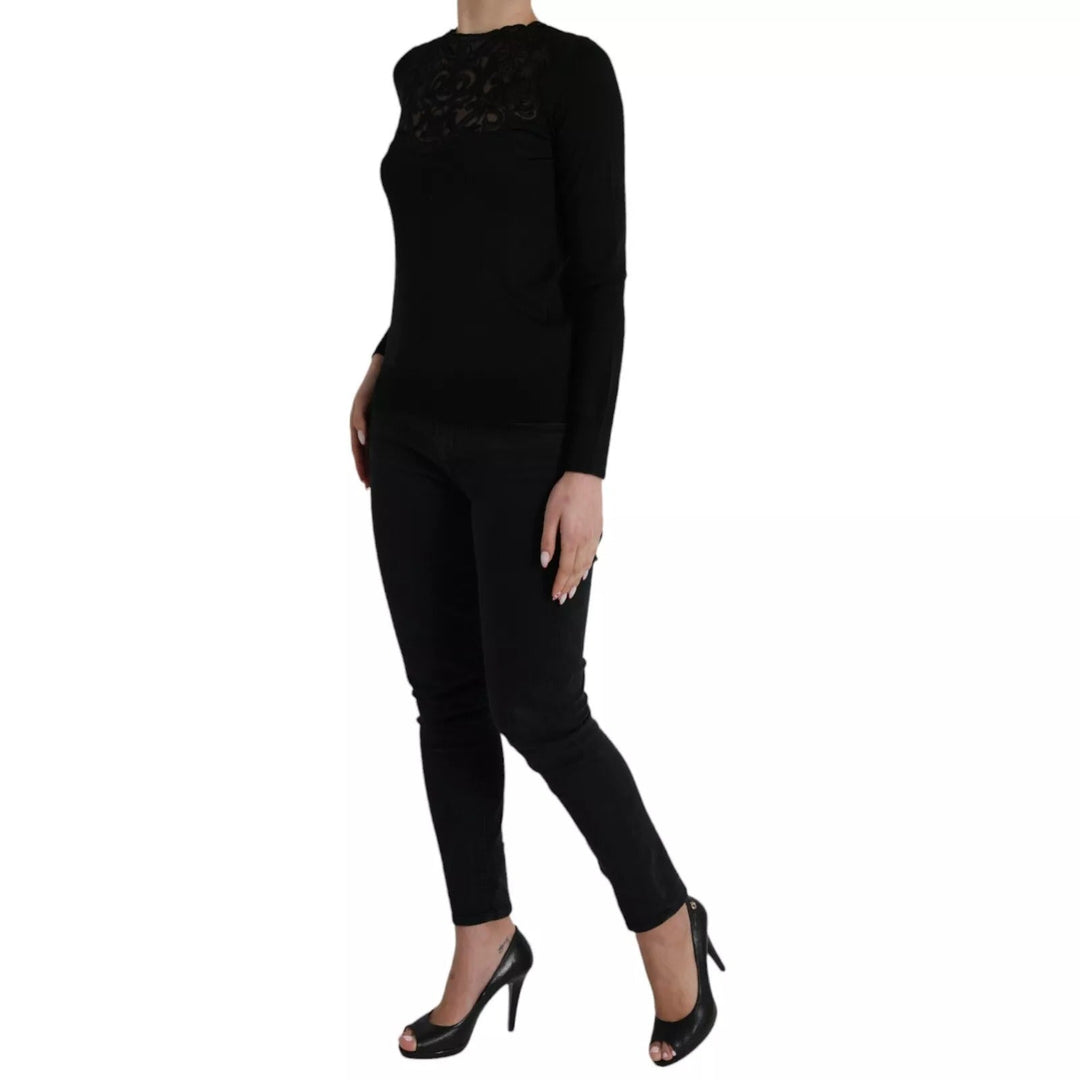 Dolce &amp; Gabbana - Black Silk Lace Trim Long Sleeves Blouse Top